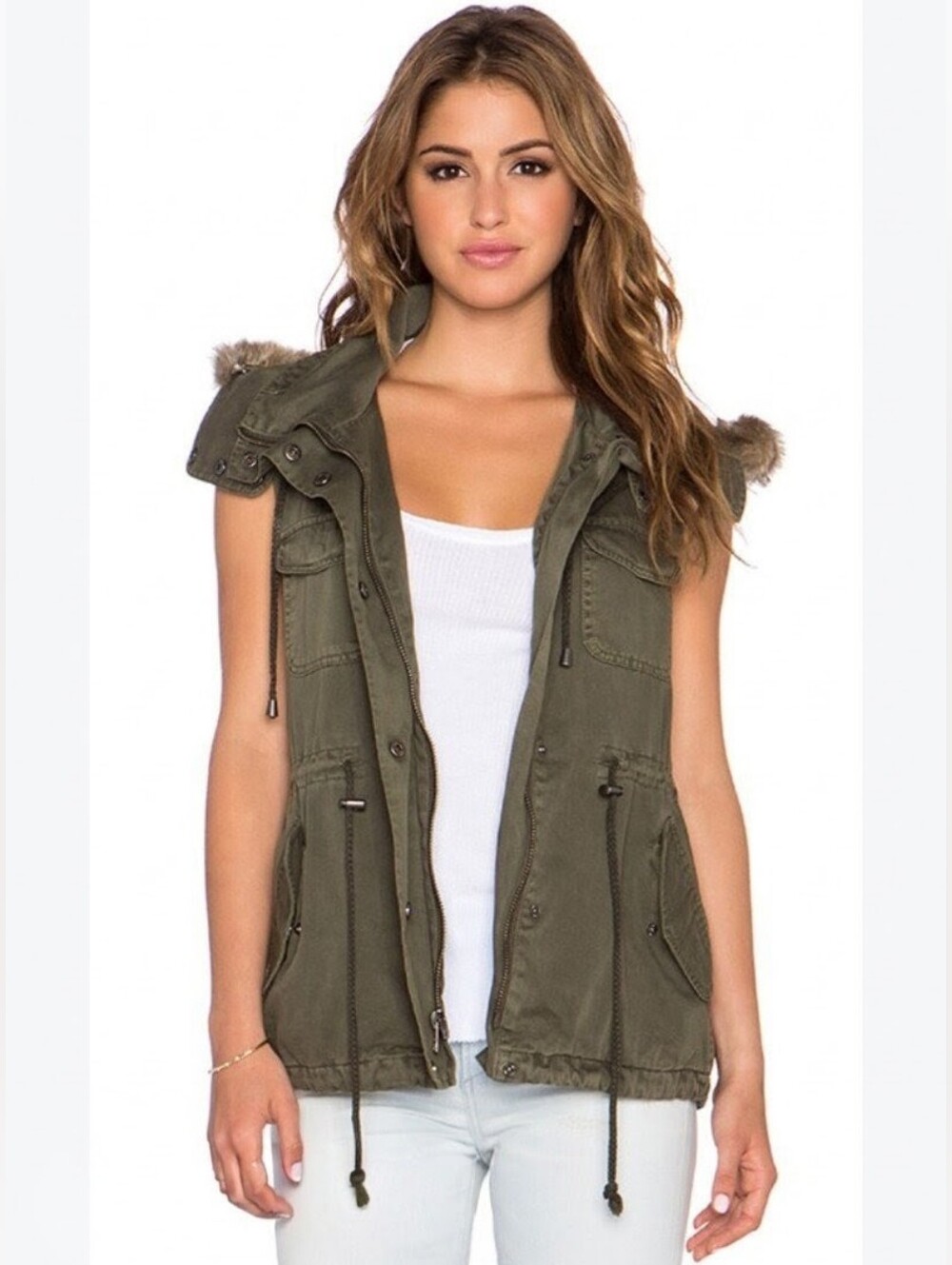 Velvet by Graham & Spencer Odesa Army Green Faux Fur Hood Utility Vest M